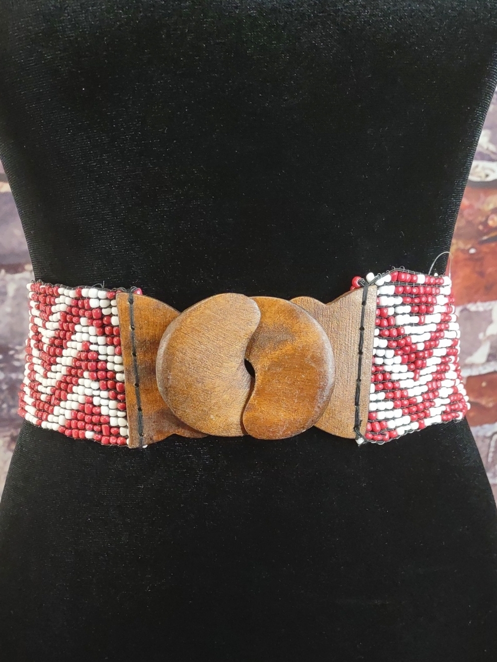 Artisan Crafted Beaded Stretch Belt With Wooden Buckle